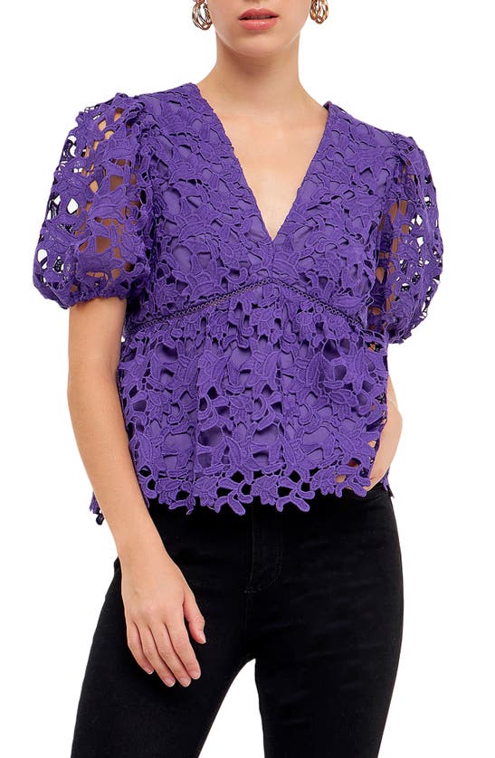 Endless Rose Puff Sleeve Floral Lace Top In Purple