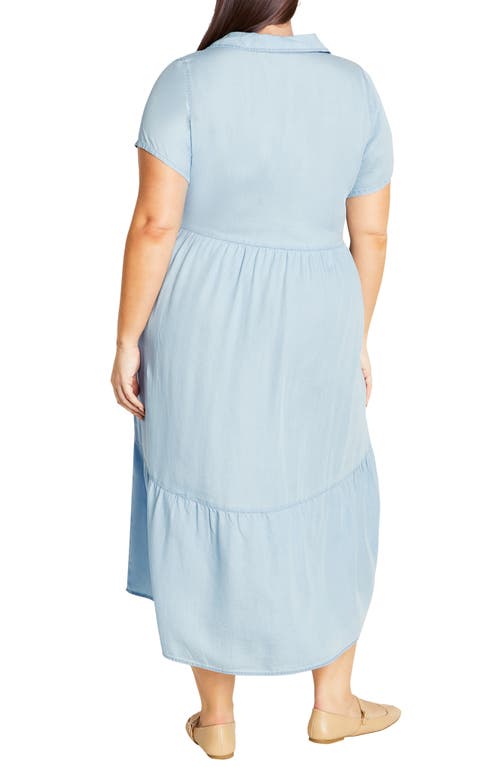 Shop City Chic Shyla Tiered Chambray Midi Shirtdress In Light Wash