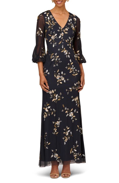 Beaded Floral V-Neck Gown in Twilight