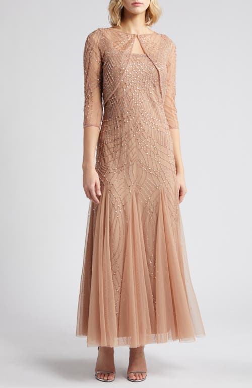 Beaded Gown with Long Sleeve Jacket in Dusty Rose