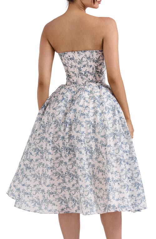 House Of Cb Womens English Porcelain Bennett Graphic-print Strapless Cotton-blend Midi Dress In Navy Cream Floral
