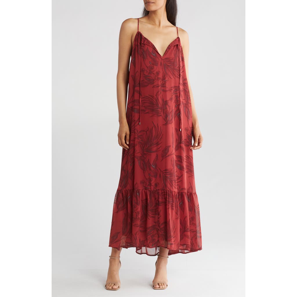 Lovestitch Floral Tie Neck Dress In Wine/charcoal