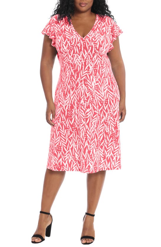 London Times V-neck Ruffle Sleeve Midi Dress In Coralwhite