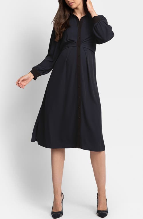 Shop Seraphine Pleated Waist Long Sleeve Maternity/nursing Shirtdress In Navy
