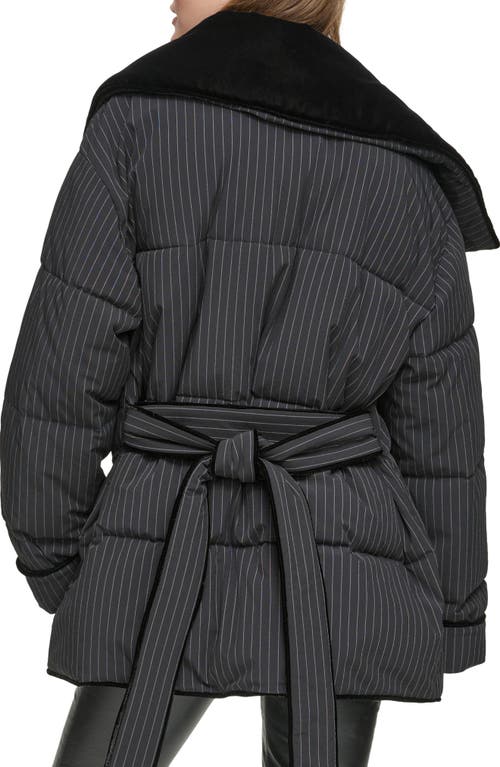 Andrew Marc Krithia Pinstripe Belted Puffer Coat In Black