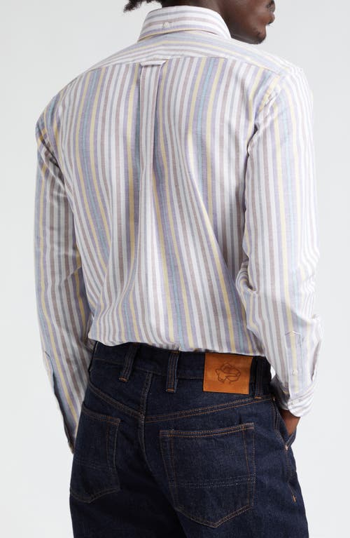 Shop Drake's Stripe Oxford Button-down Shirt In Purple/yellow/brown