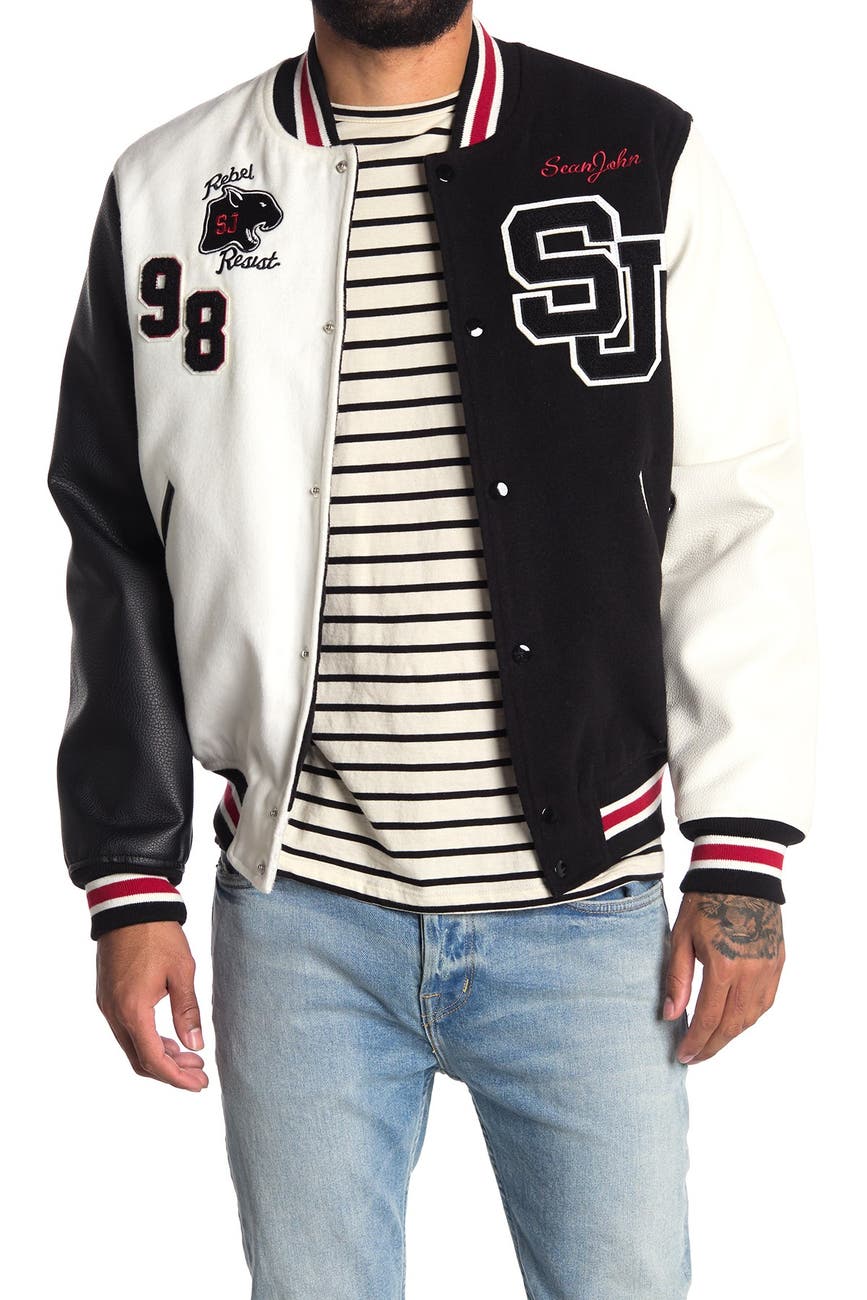 Sean John | Two-Tone Faux Leather Sleeve Logo Varsity Jacket ...