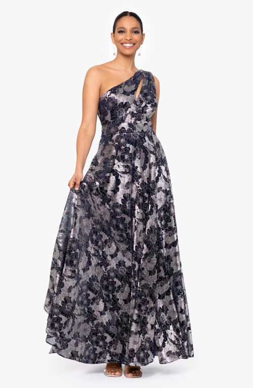 Shop Betsy & Adam Metallic Floral One-shoulder Gown In Navy/gunmetal