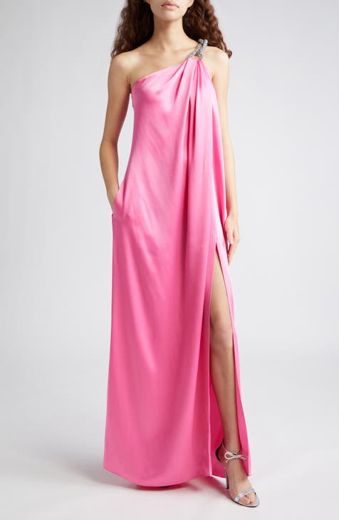 Falabella Crystal Chain Strap One-Shoulder Satin Gown