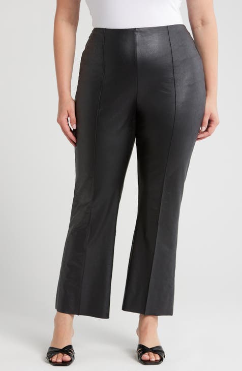 Plus Size Women's Faux Leather Splice Pants With Zip Detail Slim Fit Trousers For Spring&Fall