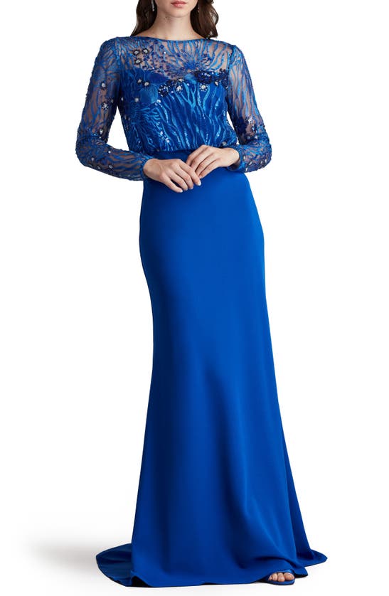 Shop Tadashi Shoji Blouson Sequin Long Sleeve Gown In Mystic Blue