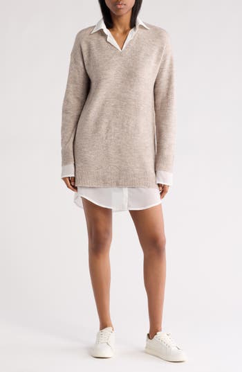 Stitchdrop Oxford Long Sleeve Twofer Dress In Neutral