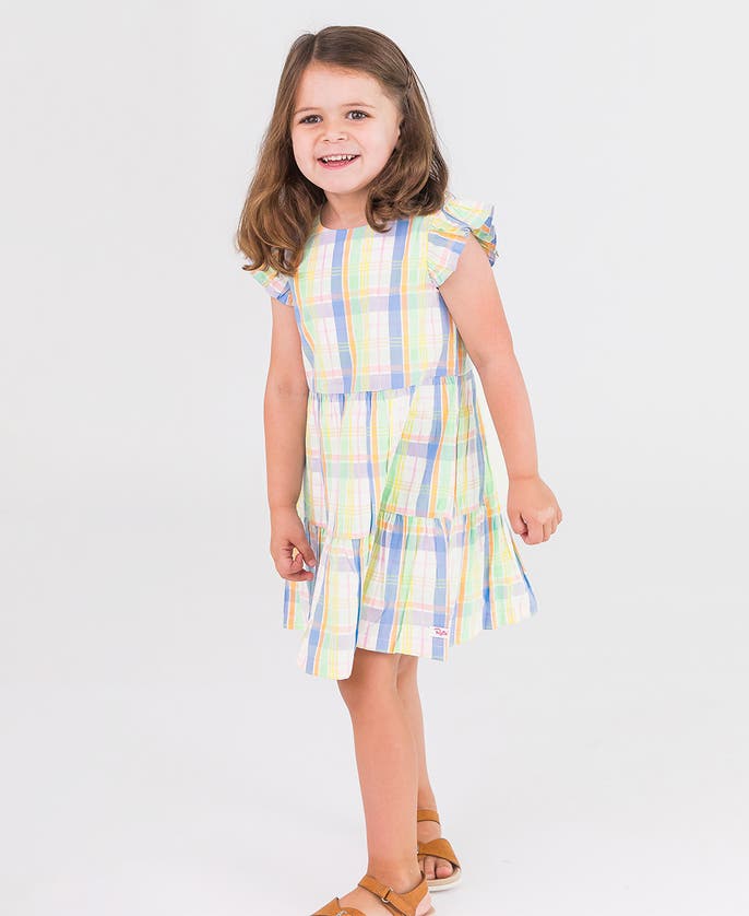 Shop Rufflebutts Girls Flutter Sleeve Tiered Dress In Clubhouse Rainbow Plaid