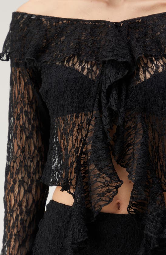 Shop Nasty Gal Sheer Lace Ruffle Off The Shoulder Crop Top In Black