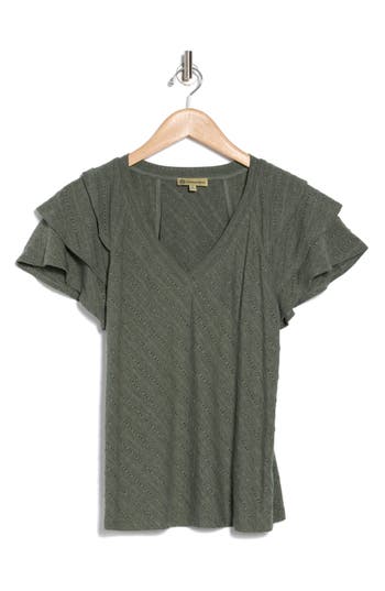 Shop Democracy Triple Ruffle Sleeve Pointelle T-shirt In Heather Olive