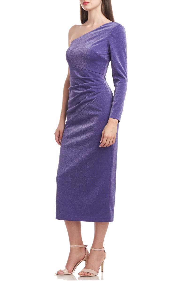 JS Collections Maddie Metallic One-Shoulder Single Long Sleeve Cocktail Midi Dress, Alternate, color, Blueberry
