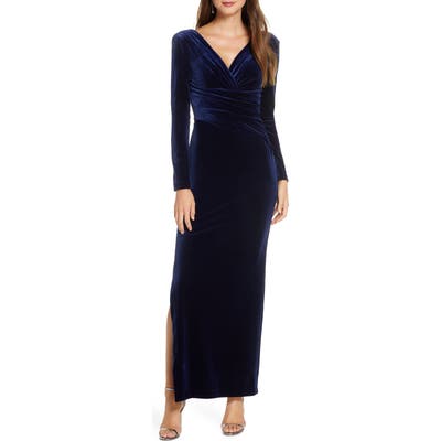 Eliza J Long Sleeve Ruched Velvet Gown, Blue