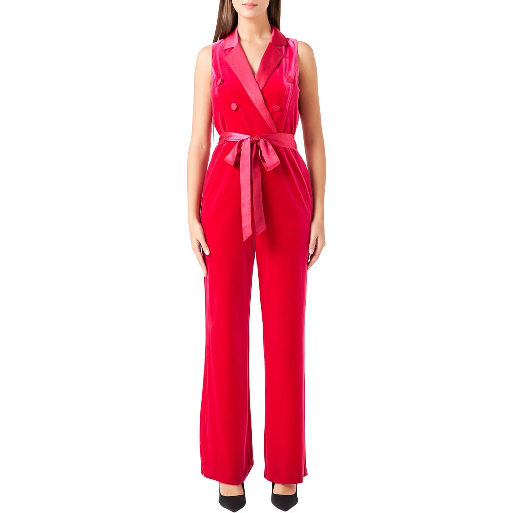 Shop Endless Rose Satin Trim Velvet Jumpsuit In Fuchsia