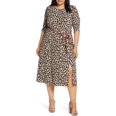 Plus Size Eliza J Leopard Print Piped Sash Midi Dress, Black