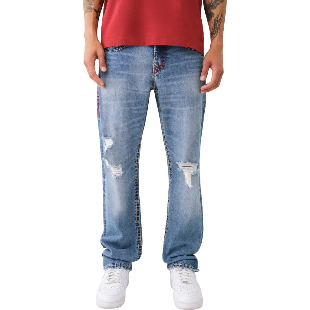 True Religion Brand Jeans Ricky Super T Flap Straight Leg Jeans In Rivati Medium Wash With Rips
