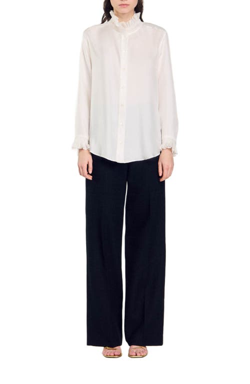 Sandro Silk Shirt With Gathered Collar In Ecru