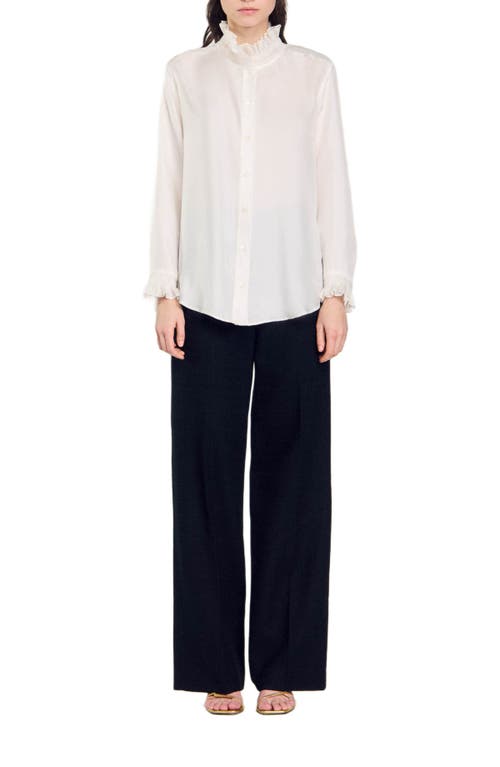 Shop Sandro Silk Shirt With Gathered Collar In Ecru