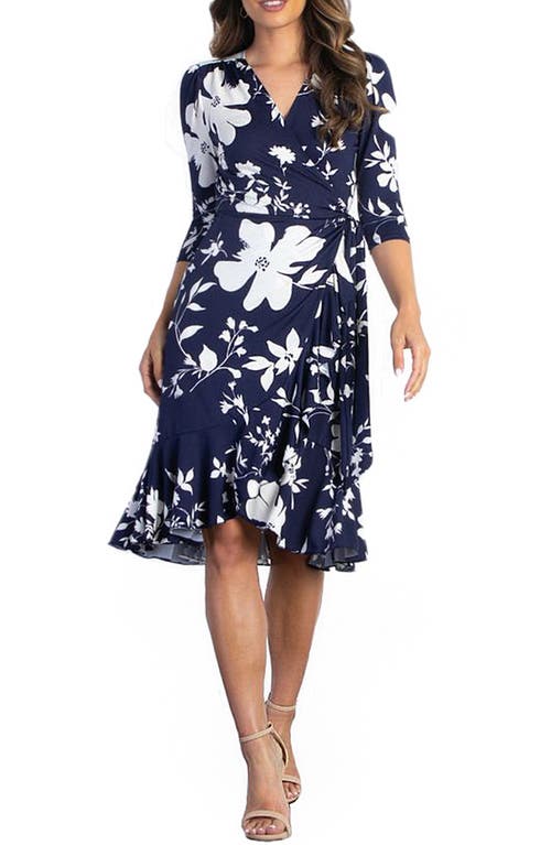 Kiyonna Flirty Flounce Floral Print Wrap Dress in Navy Floral Print
