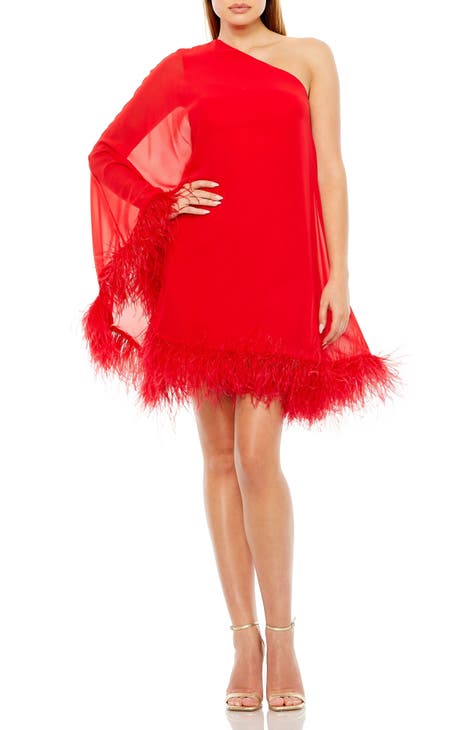 PDS Fashion Red Feathers One Shoulder Open Fork Elegant Dress