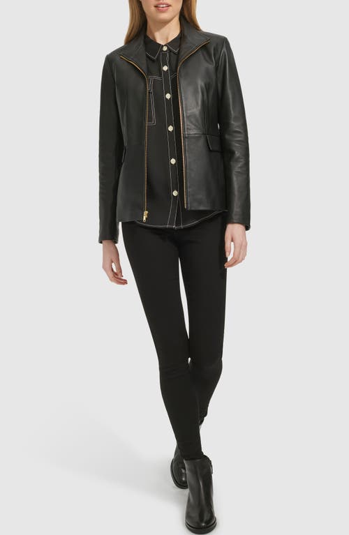 Shop Cole Haan Wing Collar Leather Jacket In Black