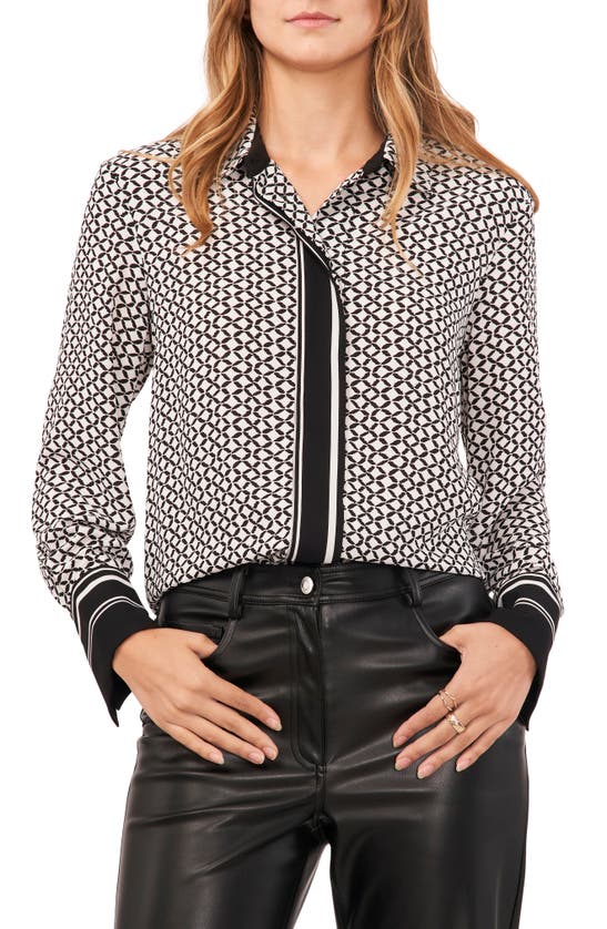 Vince Camuto Mixed Print Covered Placket Shirt In New Ivory