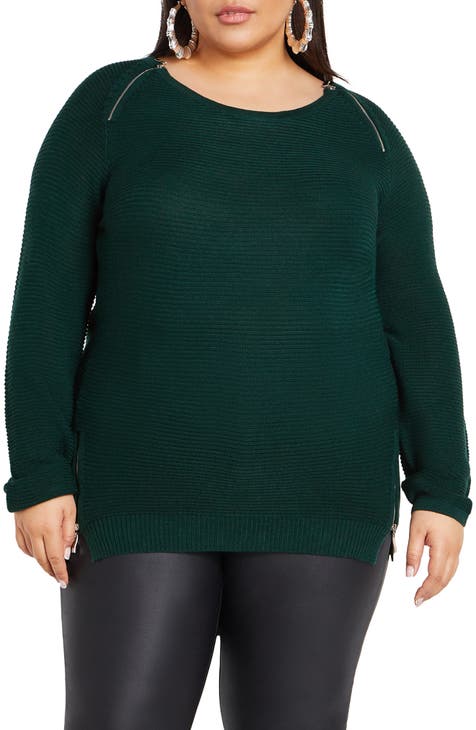 Zipper Accent High-Low Crewneck Sweater (Plus)