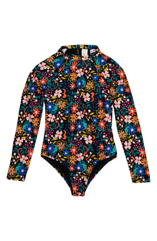 Hobie Kids' Wildflower Long Sleeve One-Piece Rashguard Swimsuit Black at Nordstrom,