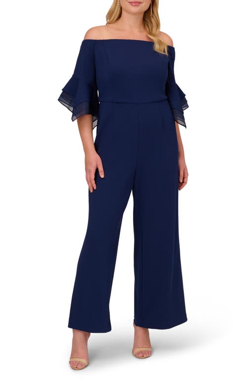 Adrianna Papell Off the Shoulder Wide Leg Organza Crepe Jumpsuit Navy Sateen at Nordstrom,