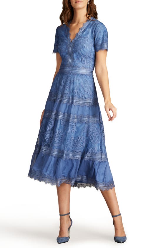 Shop Tadashi Shoji Lace & Mesh Midi Cocktail Dress In Blue Stone