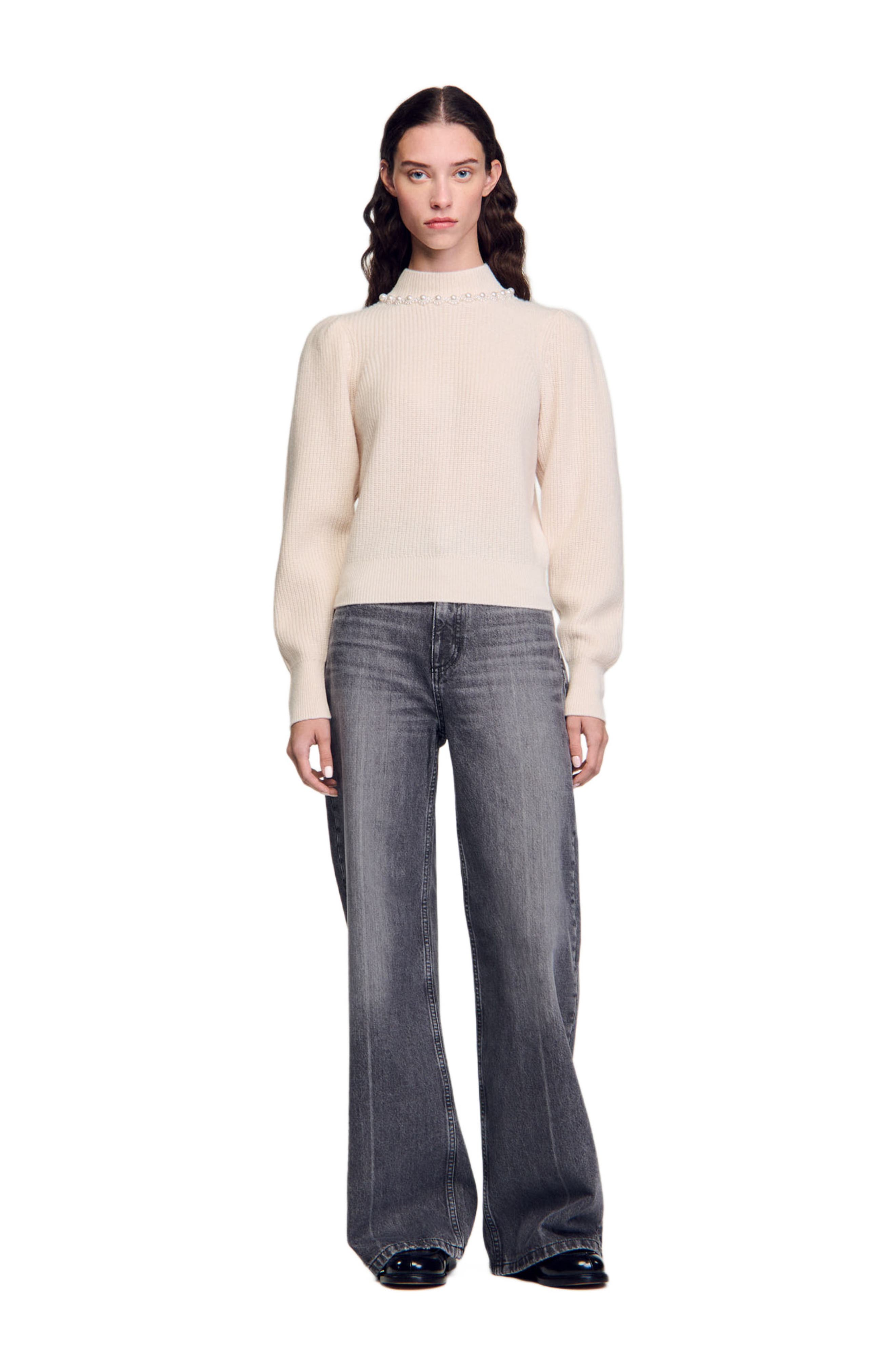 SANDRO Ribbed wool and cashmere sweater in Ecru 