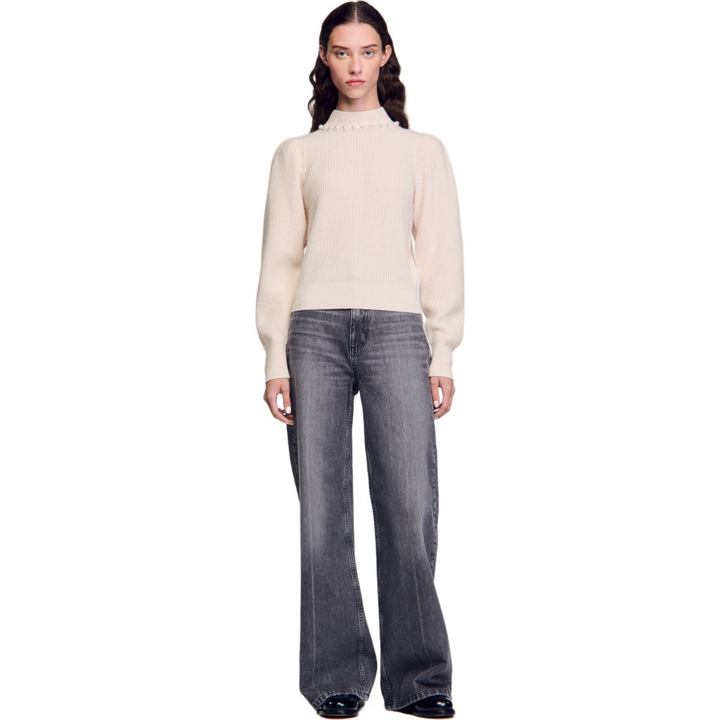 SANDRO Ribbed wool and cashmere sweater in Ecru
