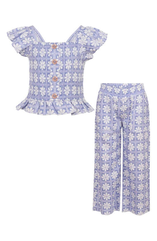 Shop Vince Camuto Kids' Daisy Print Flutter Sleeve Top & Pants Set In Blue