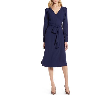 Halogen Long Sleeve Wrap Midi Dress, Blue