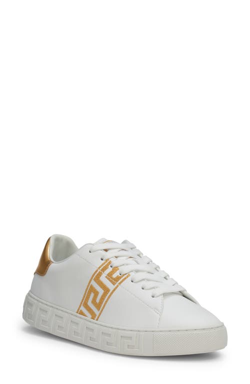 Versace Leather Sneakers Greca Embroidered Detail Gold Accents In White/gold