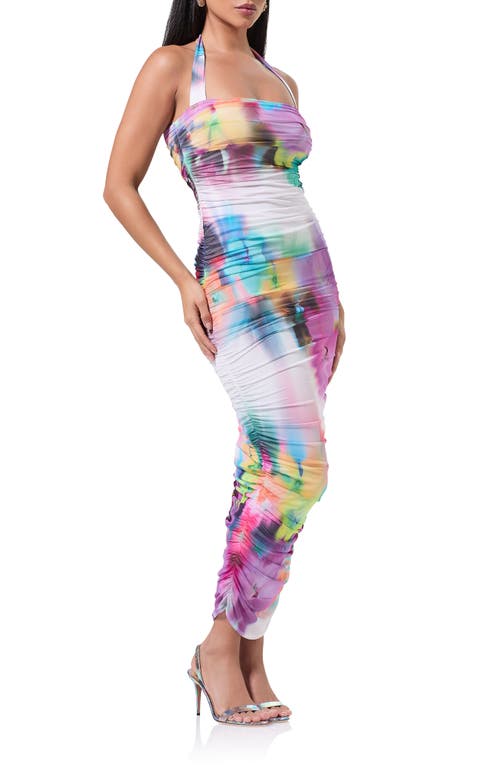 Shop Afrm Indina Floral Ruched Mesh Halter Maxi Dress In Blur Pansy