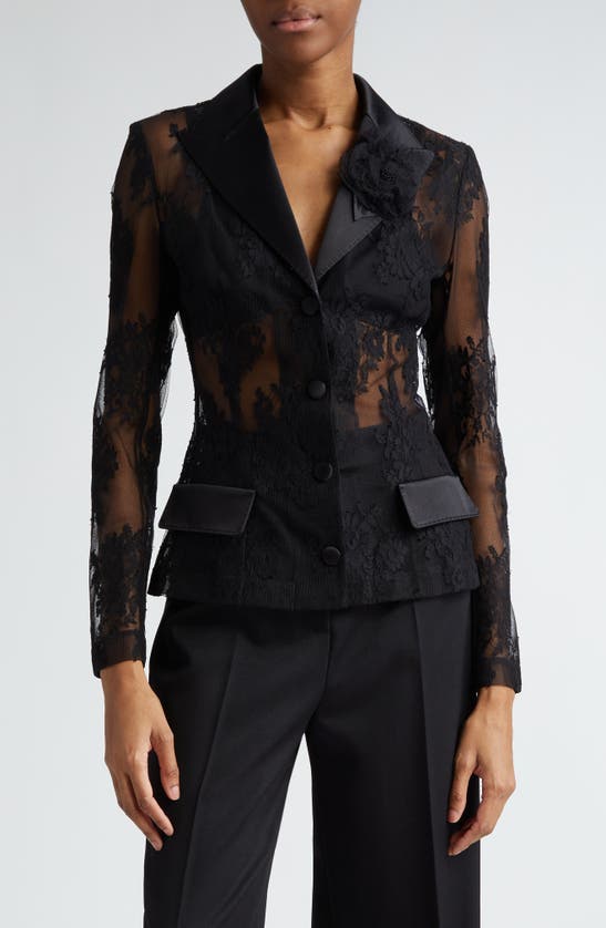 Shop Dolce & Gabbana Sheer Floral Lace & Satin Jacket In N0000 Nero