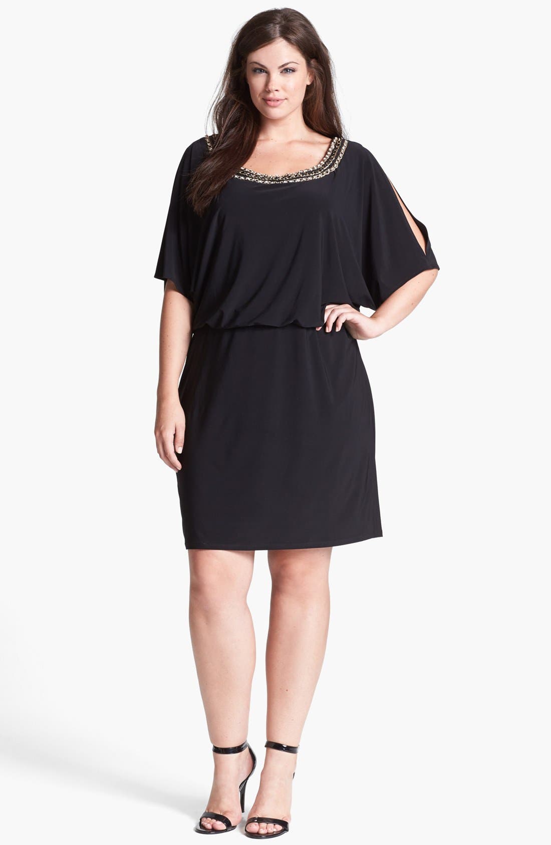 Xscape Embellished Cold Shoulder Jersey Blouson Dress (Plus Size