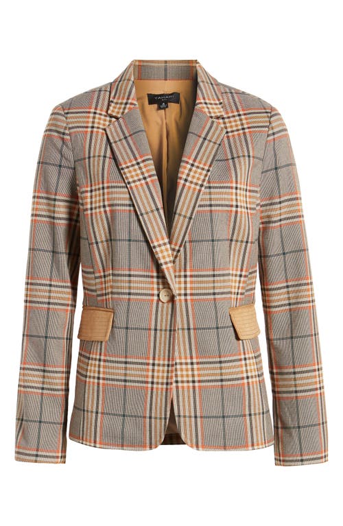 Tahari Asl Faux Suede Trim Plaid Jacket In Cognac Black