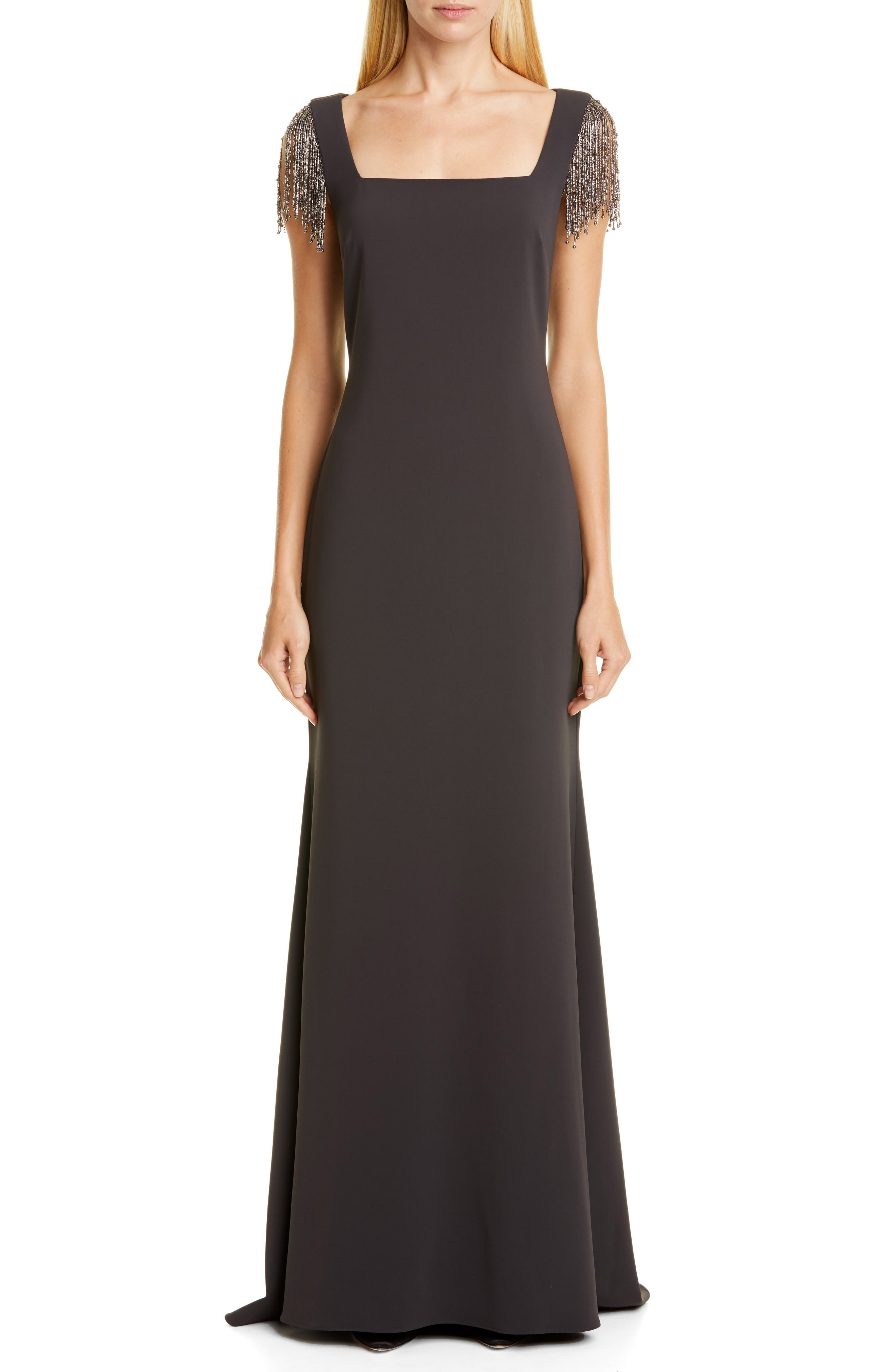 Badgley Mischka Embellished Sleeve Gown, Grey