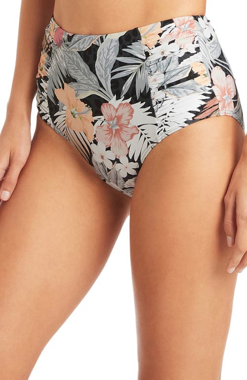 Sea Level Calypso Floral Print Gathered Side Bikini Bottoms in Charcoal at Nordstrom, Size 6 Us