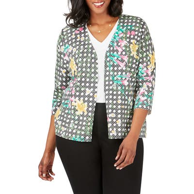 Plus Size Foxcroft Kim Jin Floral Wicker Cardigan, White