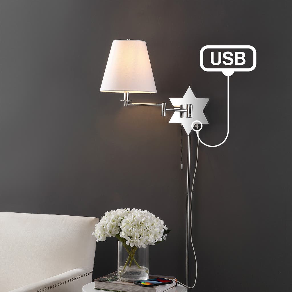 Jonathan Y David 1-light French Country Swing Arm Wall Sconce With Led, Usb Port, And Pull-chain In Chrome/grey