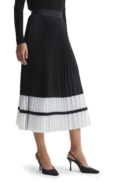 Reiss Marie Colorblock Pleated Midi Skirt Black White at Nordstrom,