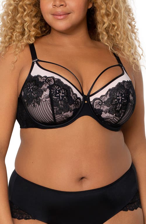 Curvy Couture Tulip Strappy Lace Push-Up Bra in Black W/Adobe Rose