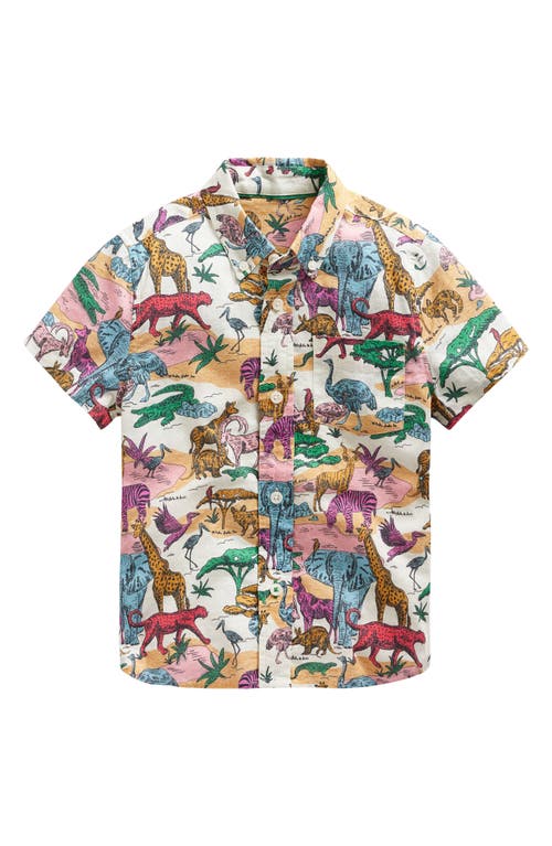 Mini Boden Kids' Animal Print Short Sleeve Linen & Cotton Button-Down Shirt Multi Savannah Scene at Nordstrom,